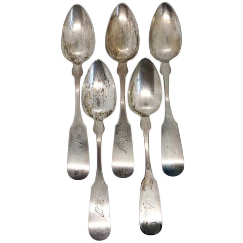 Set of Five American Jeffrey R. Brackett Boston Coin Silver Fiddle Pattern Spoons