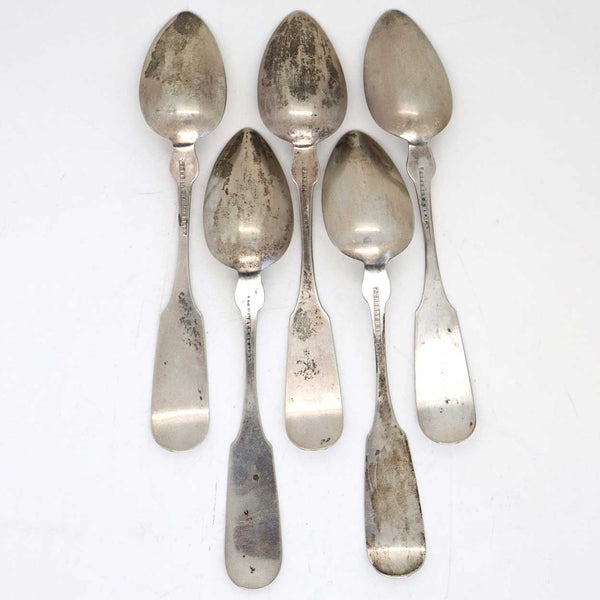 Set of Five American Jeffrey R. Brackett Boston Coin Silver Fiddle Pattern Spoons