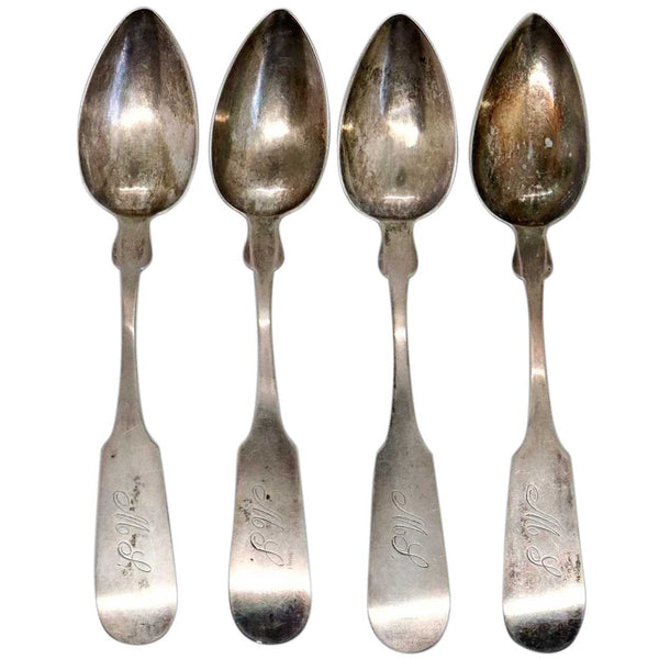 Set of Four American Roswell Hopkins Bailey Coin Silver Fiddle Pattern Spoons