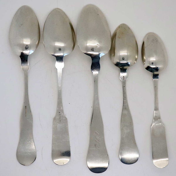Collection of Five American Coin and Sterling Silver Fiddle Pattern Spoons