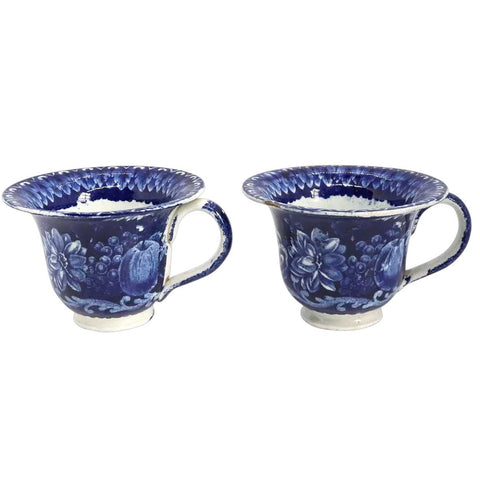 Pair of English Ralph Hall Blue Transferware Pottery Select Views Custard Cups