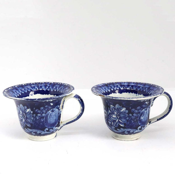 Pair of English Ralph Hall Blue Transferware Pottery Select Views Custard Cups