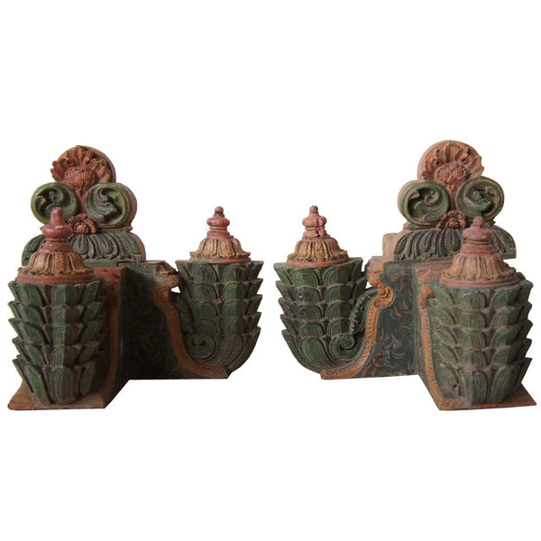 Pair of South Indian Painted Teak Corner Architectural Brackets