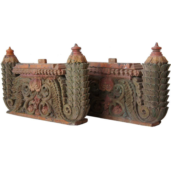 Pair of South Indian Painted Teak Architectural Carvings