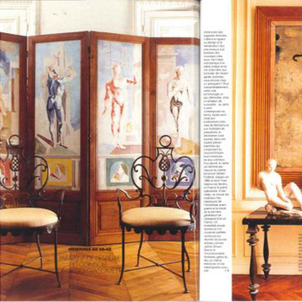 JACQUES CERIA DESPIERRE Painted Canvas and Oak Four-Panel Folding Screen