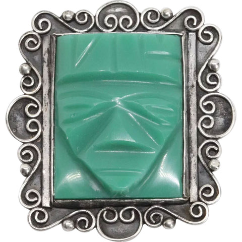 Vintage Mexican Art Deco Silver and Jade Green Glass Olmec Face Brooch