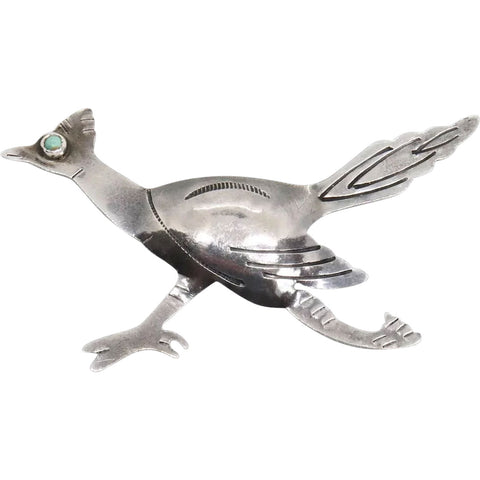 Vintage American Southwest Silver and Turquoise Roadrunner Brooch Pin