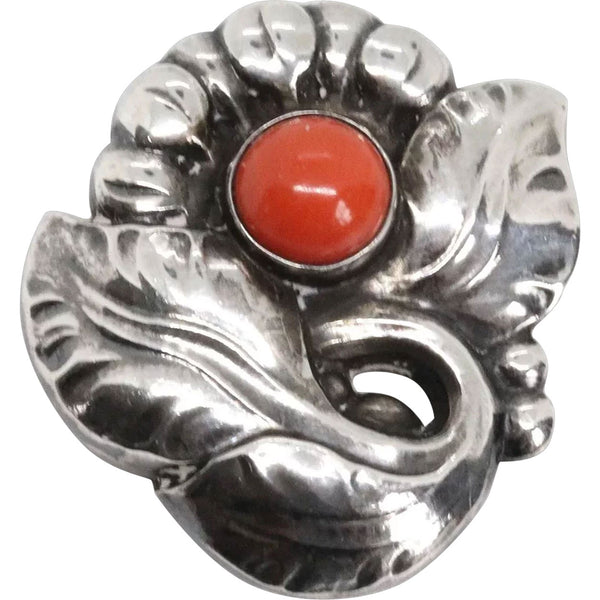 Danish Georg Jensen Art Deco Sterling Silver and Coral Floral Brooch Pin