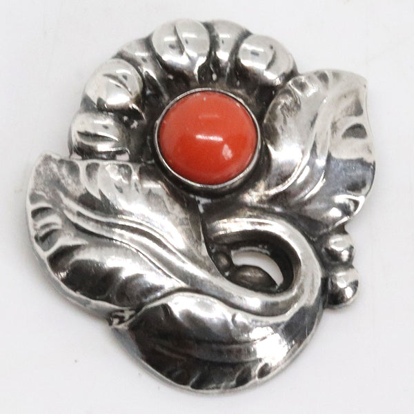 Danish Georg Jensen Art Deco Sterling Silver and Coral Floral Brooch Pin