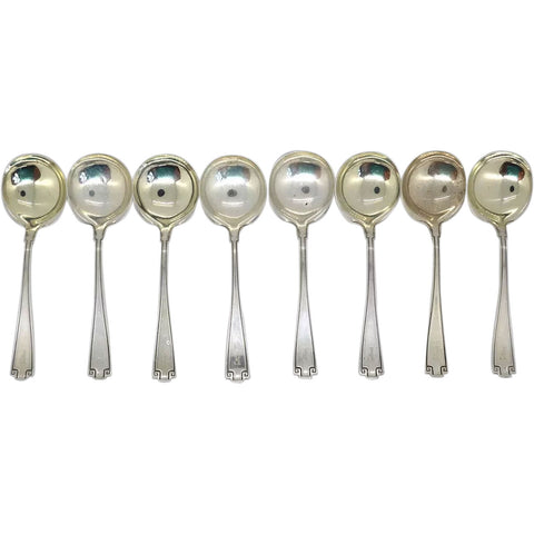 Set 8 American Gorham Sterling Silver Etruscan Bouillon Soup Spoons