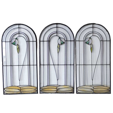 Set of 3 American George W. Maher Granville House Stained and Leaded Glass Arched Windows