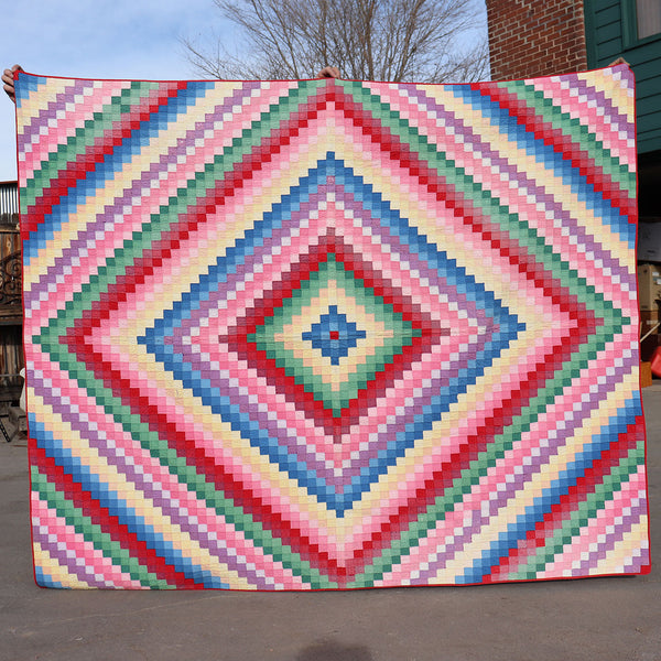 Vintage American Hand Stitched Cotton Multi-Colored Diamond Patchwork Quilt