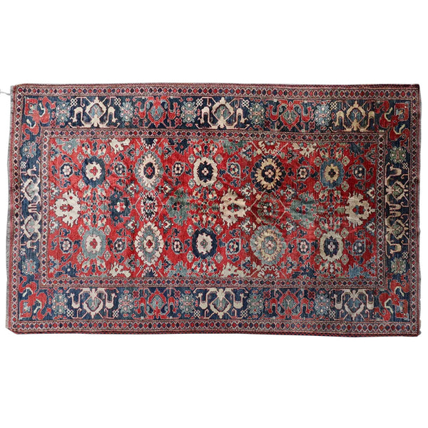 Vintage Ghazneh Handmade Wool and Cotton Red and Blue Rug