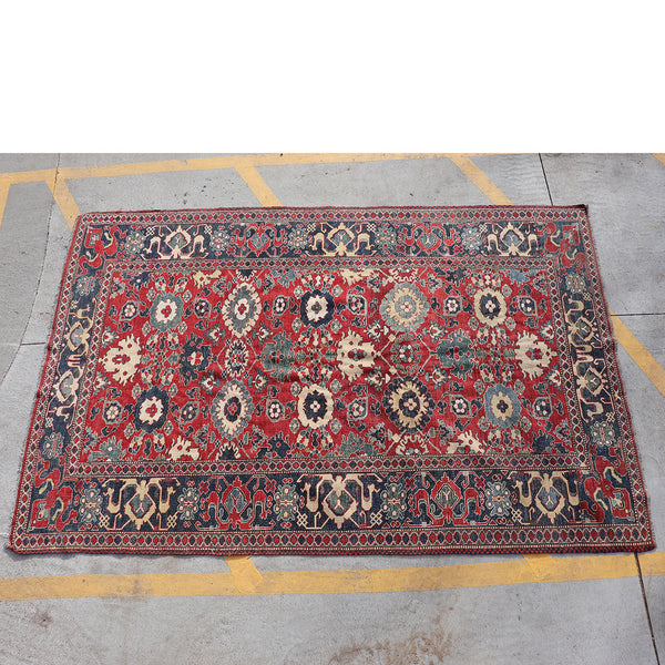 Vintage Ghazneh Handmade Wool and Cotton Red and Blue Rug