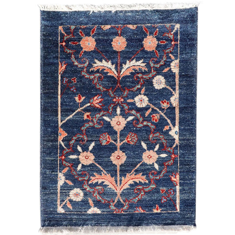 Small Chinese Wool Blue Floral Rug with Fringe