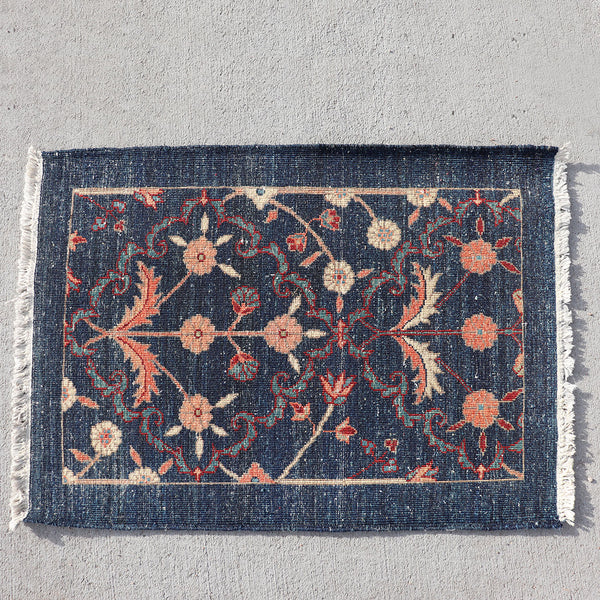 Small Chinese Wool Blue Floral Rug with Fringe