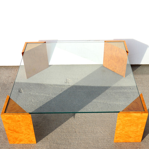 Vintage Italian Glass Top Burled Pale Wood Square Low Cocktail / Coffee Table