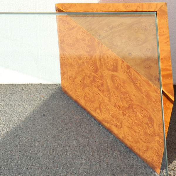 Vintage Italian Glass Top Burled Pale Wood Square Low Cocktail / Coffee Table