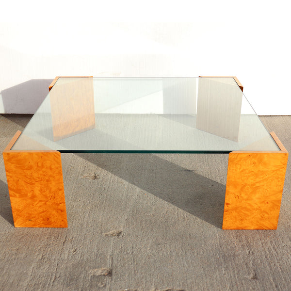 Vintage Italian Glass Top Burled Pale Wood Square Low Cocktail / Coffee Table