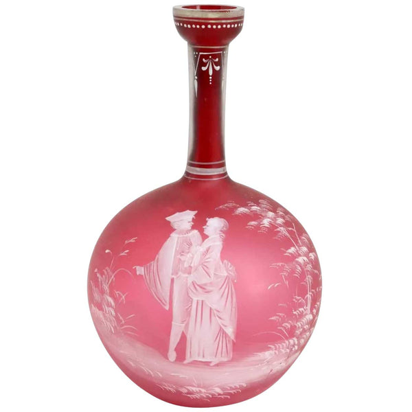 Bohemian Mary Gregory Type Enamelled Cranberry Satin Glass Bottle Vase