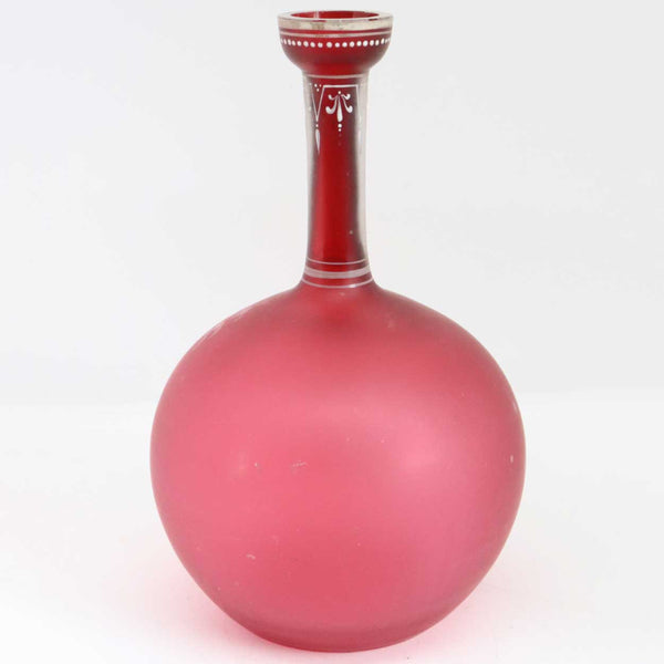 Bohemian Mary Gregory Type Enamelled Cranberry Satin Glass Bottle Vase
