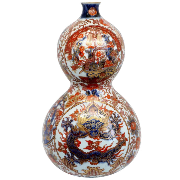 Large Japanese Meiji Porcelain Imari Double Gourd Dragon Bottle Vase