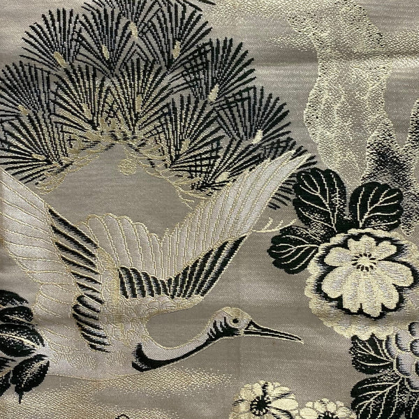 Very Long Japanese Meiji Silver Thread Silk Cranes and Floral Maru Obi (Sash)