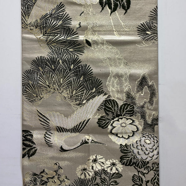 Very Long Japanese Meiji Silver Thread Silk Cranes and Floral Maru Obi (Sash)