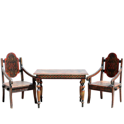 Russian Folk Art Painted Wood Child's Table and Chairs Three-Piece Suite