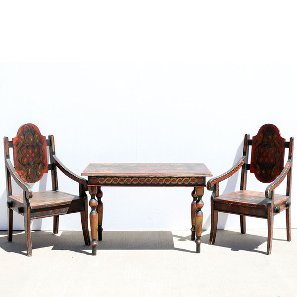 Russian Folk Art Painted Wood Child's Table and Chairs Three-Piece Suite