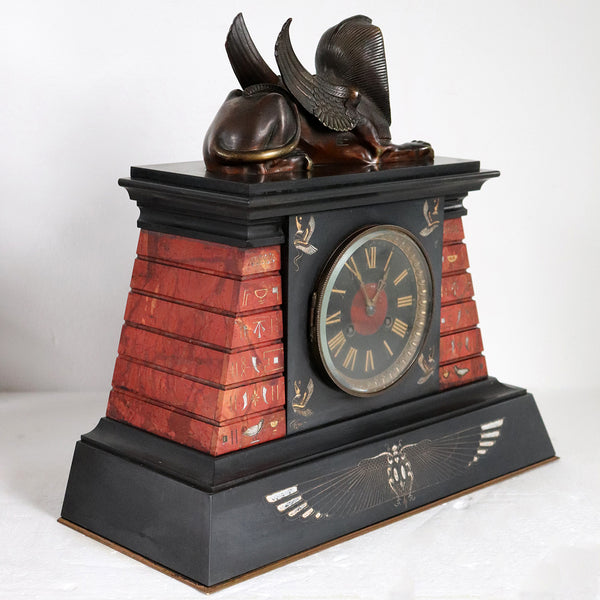 French Japy Freres Egyptian Revival Bronze, Marble and Slate Mantel Clock Garniture