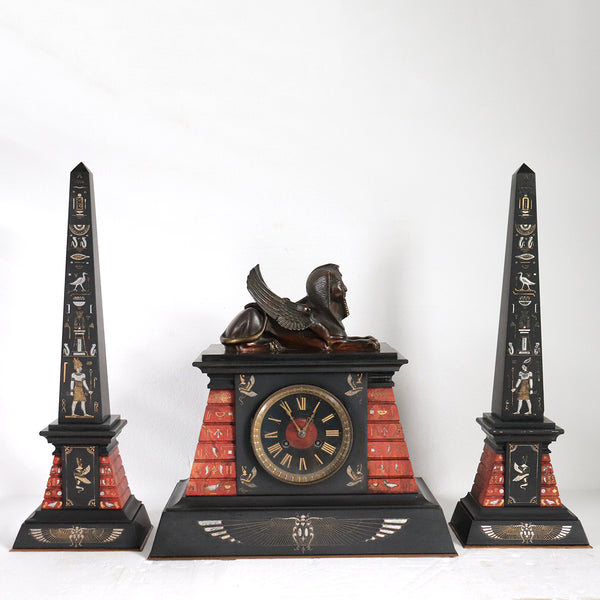 French Japy Freres Egyptian Revival Bronze, Marble and Slate Mantel Clock Garniture