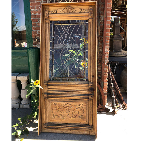 American Victorian Stained, Leaded Glass and Pine Single Farmhouse Door