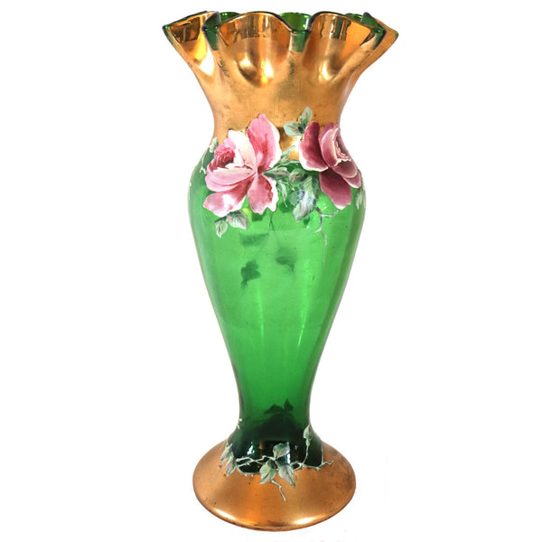 French Art Nouveau Gilt Enamel Green Glass Vase