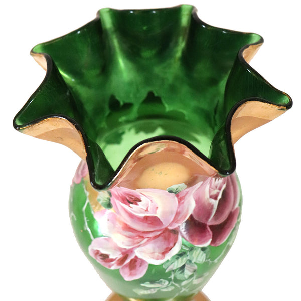 French Art Nouveau Gilt Enamel Green Glass Vase