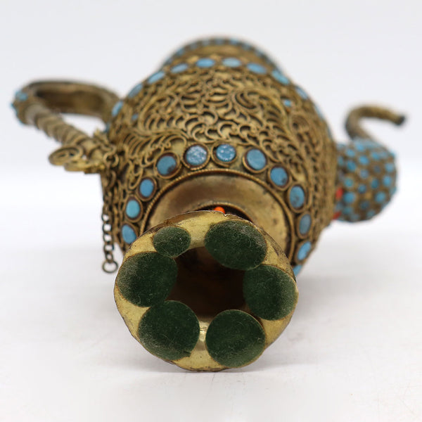 Tibetan / Nepalese Red and Turquoise Beaded Brass Filagree Tea Pot