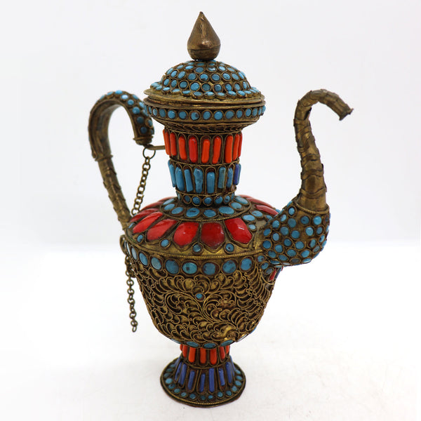 Tibetan / Nepalese Red and Turquoise Beaded Brass Filagree Tea Pot