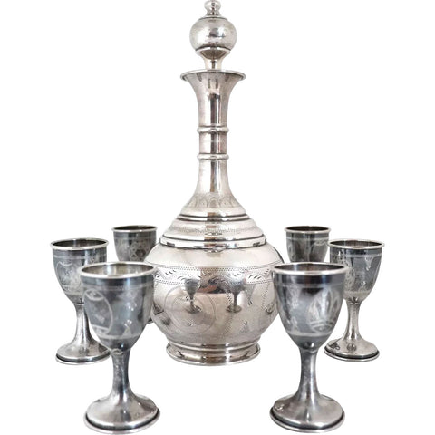 Seven-Piece Russian Judaica Chased Sterling Silver Decanter and Cup Set