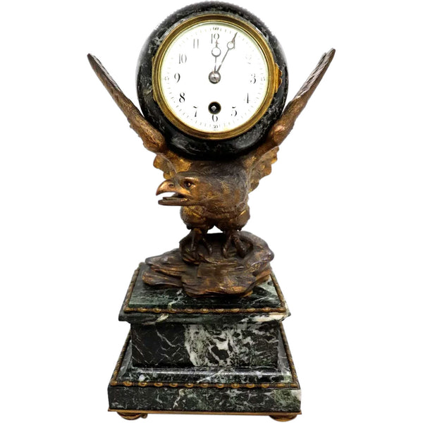 French Empire Style Gilt Spelter and Verde Antico Marble Eagle Table Clock