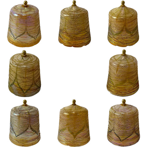 Set of Eight American Durand Glass Gold Threaded Pulled Feather Lamp Shades