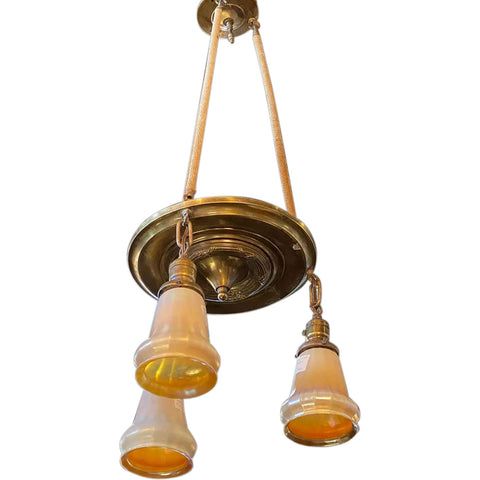 American Steuben Art Nouveau Glass Gold Aurene and Brass Three-Light Pendant Ceiling Light