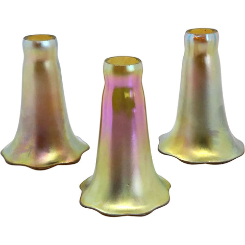 Set of Three Vintage American Art Nouveau Style Glass Iridescent Gold Lily Lamp Shades