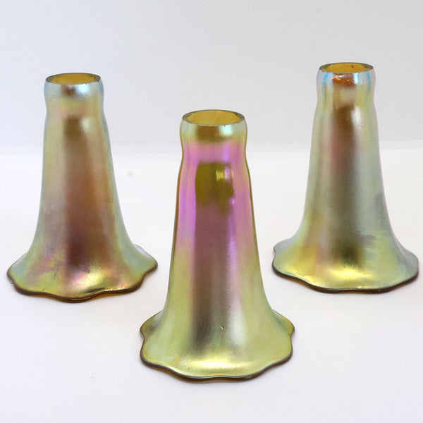 Set of Three Vintage American Art Nouveau Style Glass Iridescent Gold Lily Lamp Shades