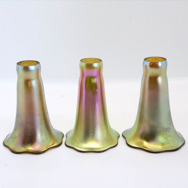 Set of Three Vintage American Art Nouveau Style Glass Iridescent Gold Lily Lamp Shades