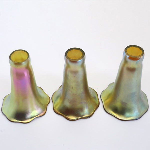 Set of Three Vintage American Art Nouveau Style Glass Iridescent Gold Lily Lamp Shades