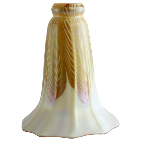 American Quezal Art Nouveau Glass Gold Pulled Feather Lily Lamp Shade