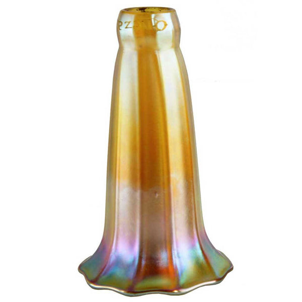 American Quezal Art Nouveau Iridescent Gold Glass Ribbed Lily Lamp Shade