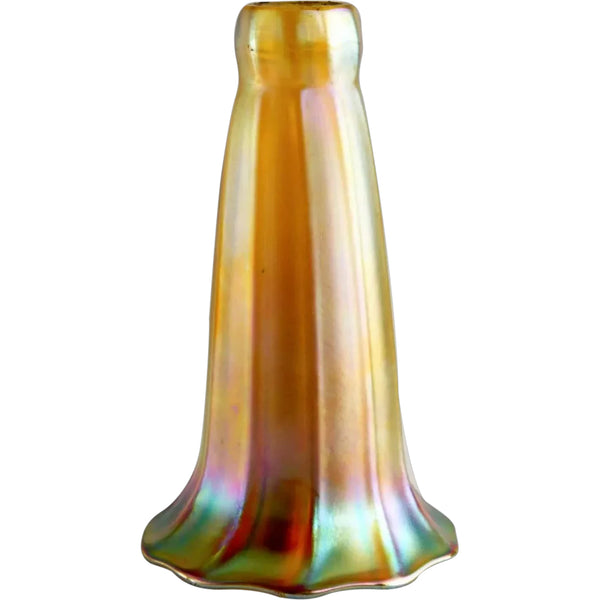 American Quezal Art Nouveau Iridescent Gold Glass Ribbed Lily Lamp Shade