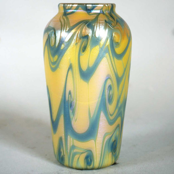 American Quezal Glass Yellow and Blue King Tut Cabinet Vase