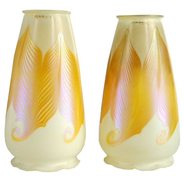 Pair of American Quezal Glass Gold Hooked Feather Candle Shades